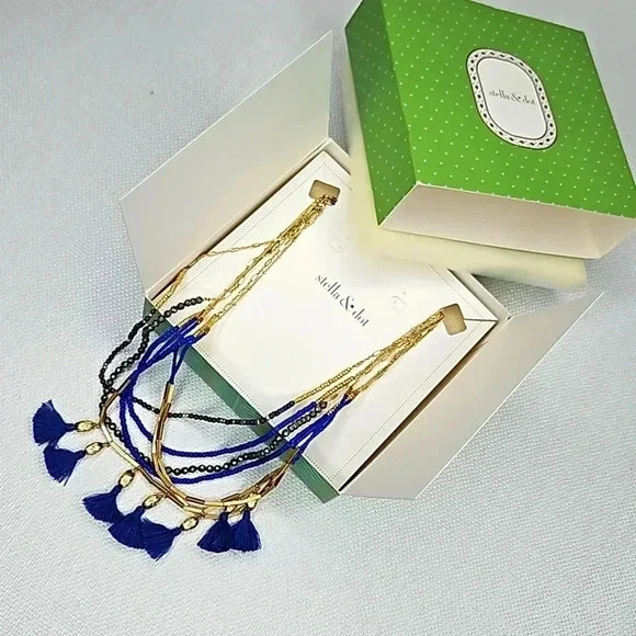 Retired Vintage Stella & Dot Tulum Tassel Necklace Gold Blue Beaded Versatile - Picture 4 of 16